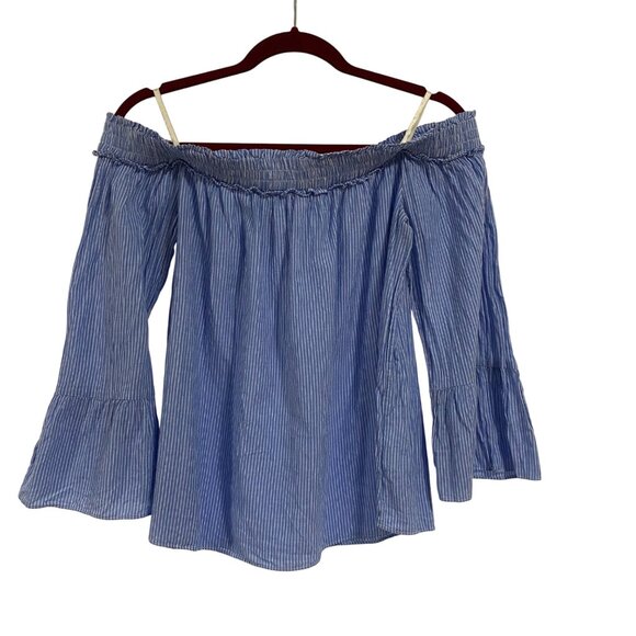 Lilly Pulitzer Moira Off the Shoulder Blue White Striped Blouse Size L - Picture 1 of 8